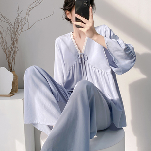 棉绸睡衣女春夏天带胸垫可外穿家居服蕾丝V领纯色印花绵绸套装薄