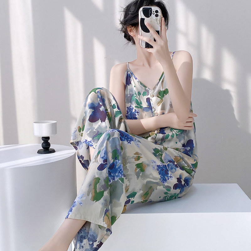 夏棉绸睡衣女吊带长裤绵绸家居服