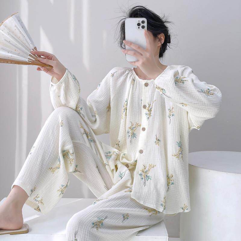 双层纯棉纱布睡衣女春秋长袖长裤圆领开衫四季家居服孕妇空调套装