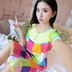 棉绸睡衣女夏套装 短袖 两件套 绵绸 人造棉棉布家居服休闲加大码