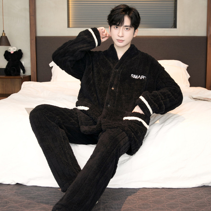 加绒加厚保暖睡衣男士秋冬款冬季珊瑚绒法兰绒家居服男款冬天套装