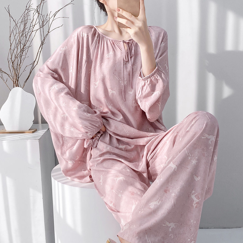 新款睡衣女春秋棉绸长袖宽松绵绸人造棉家居服夏季薄可外穿睡衣