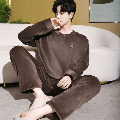 男士冬季珊瑚绒加厚加绒男款2025新款法兰绒家居服秋冬季款睡衣