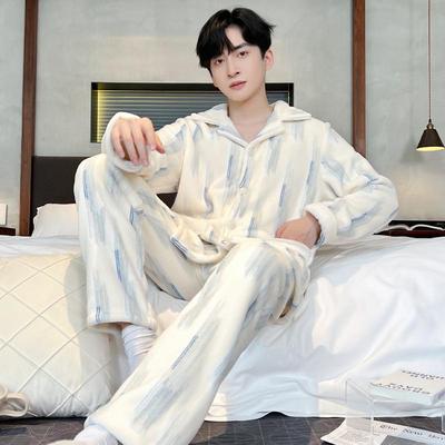 法兰绒家居服套装简约开衫加厚睡衣男中青少年学生珊瑚绒家居服新