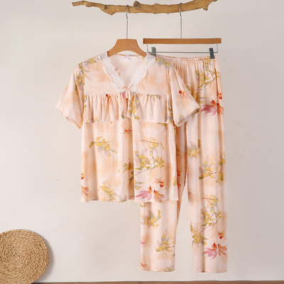 防凸棉绸睡衣女夏短袖长裤套装