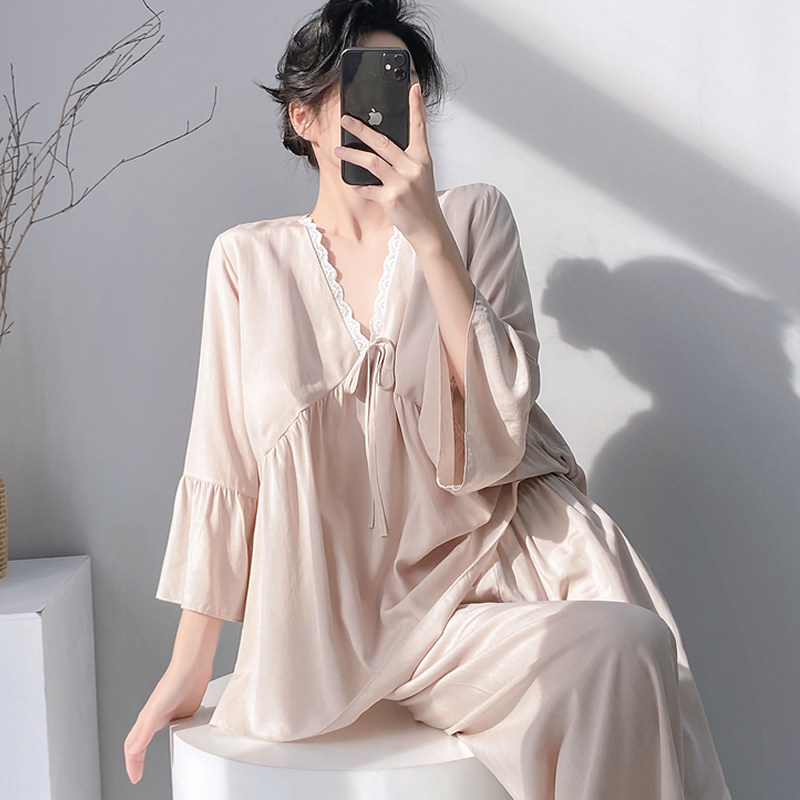 带胸垫中袖棉绸睡衣女春夏季免穿内衣可外穿家居服V领绵绸套装