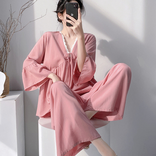 棉绸薄款睡衣女长袖春夏季家居服大码女士韩版套装绵绸春秋新款
