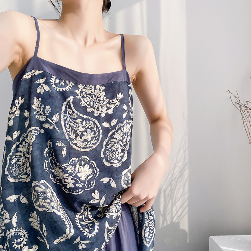 夏季带胸垫吊带睡衣女吊带九分裤阔腿裤套装撞色绵绸家居服可外穿