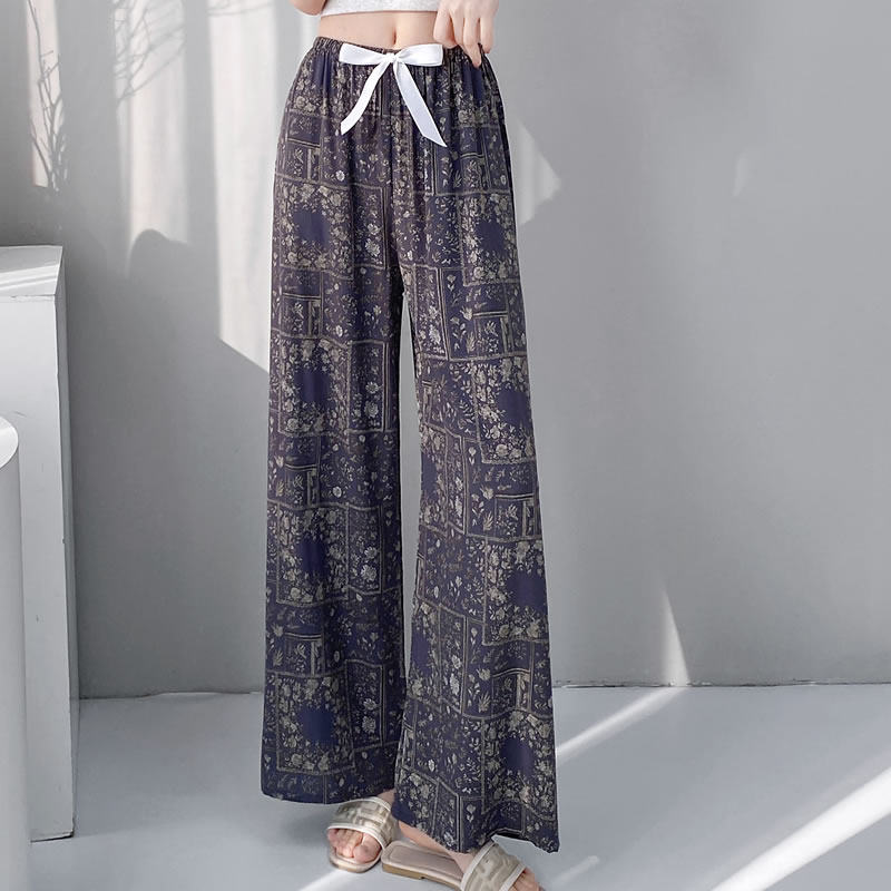 夏季新款棉绸女士薄款大码人造绵绸可外穿家居碎花九分裤子宽松睡