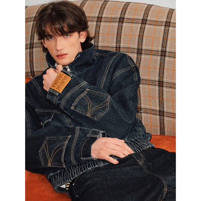 美式解构水洗倒装分割立领牛仔外套男春秋季新款宽松休闲夹克上衣