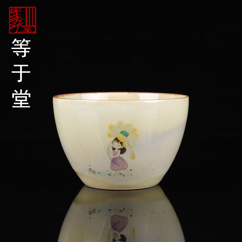 景德镇陶瓷等于堂柴烧新品小芳手绘美女茶杯精品主人杯仿古品茗杯