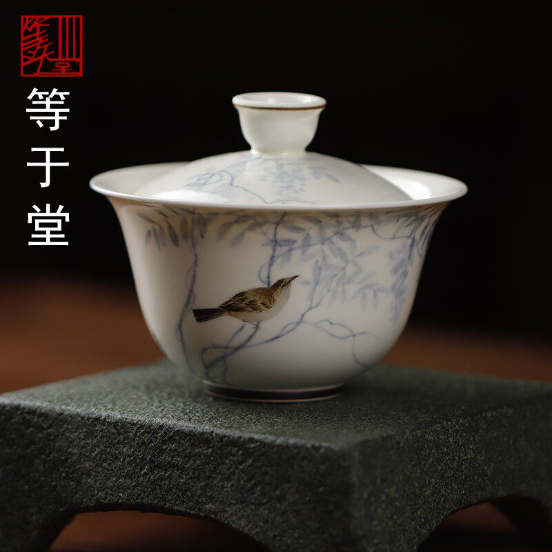 等于堂柴烧景德镇陶瓷小芳老师手绘斗彩花鸟盖碗茶杯品茗杯茶器