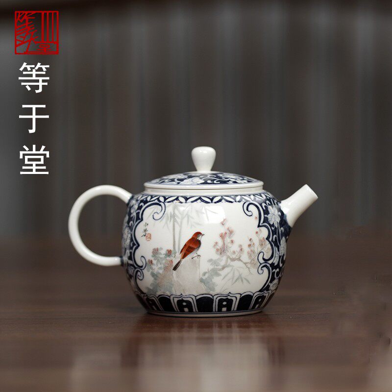 等于堂出品景德镇陶瓷小芳老师手绘釉下青花开窗花鸟图柴烧茶壶