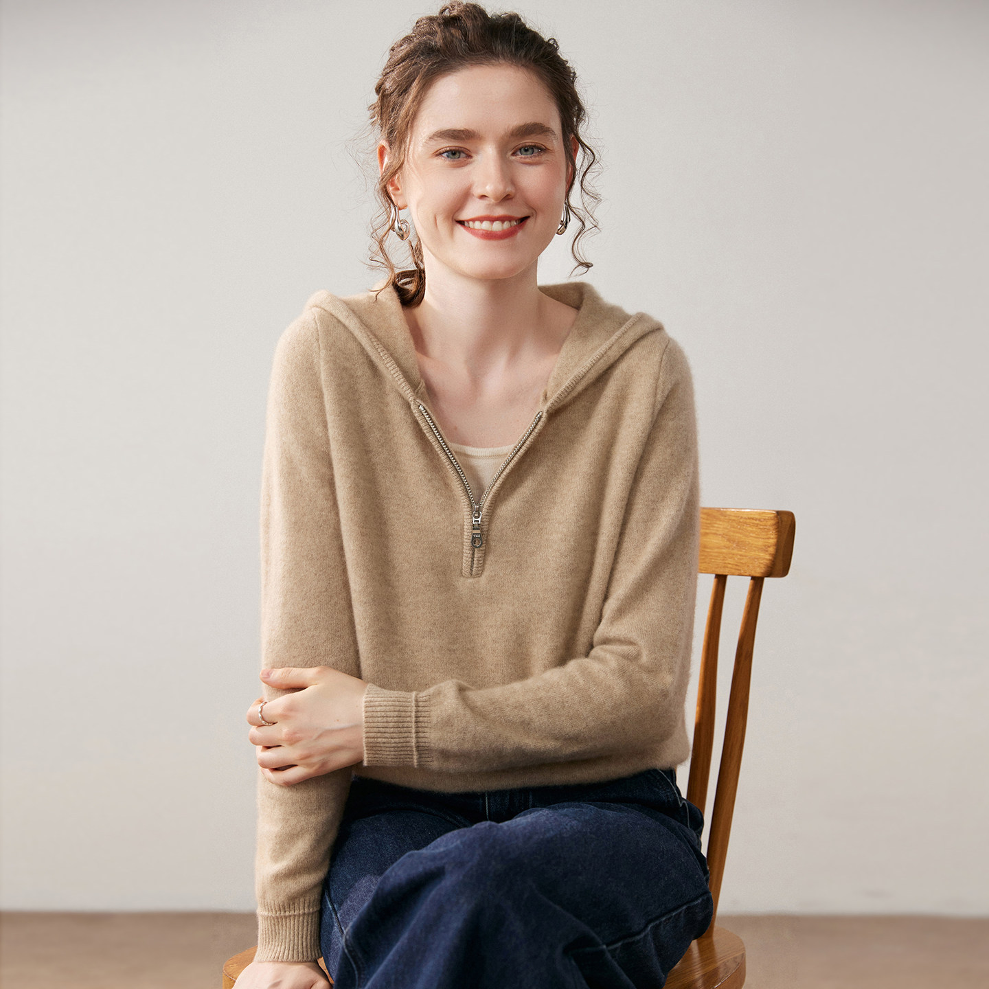 半开拉链山羊绒衫女连帽针织衫韩版休闲帽衫针织宽松带帽打底毛衣,女装/女士精品,羊绒衫,淘宝优惠券,粉丝福利购,淘宝优惠卷