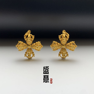 古法24K工艺黄金色文玩十字金刚杵降魔杵吊坠项链佛珠手串配饰