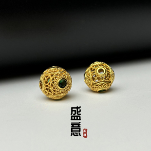 古法24K工艺黄金色925绿钻圆珠保色隔珠吊坠锁骨项链佛珠手串配饰