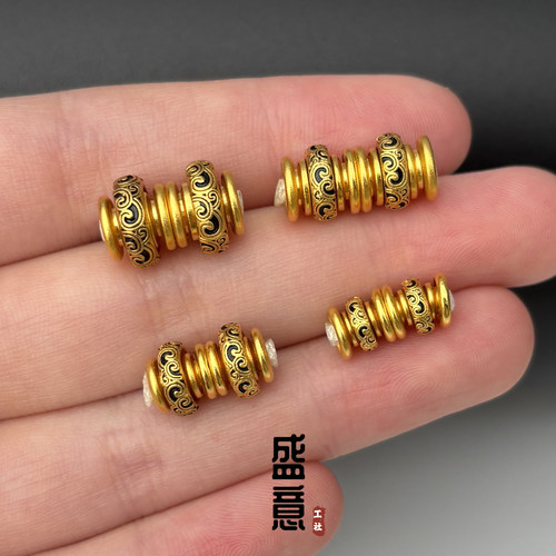 古法24K工艺黄金色万向轴祥云黑唐草纹隔片文玩手串diy配珠垫片