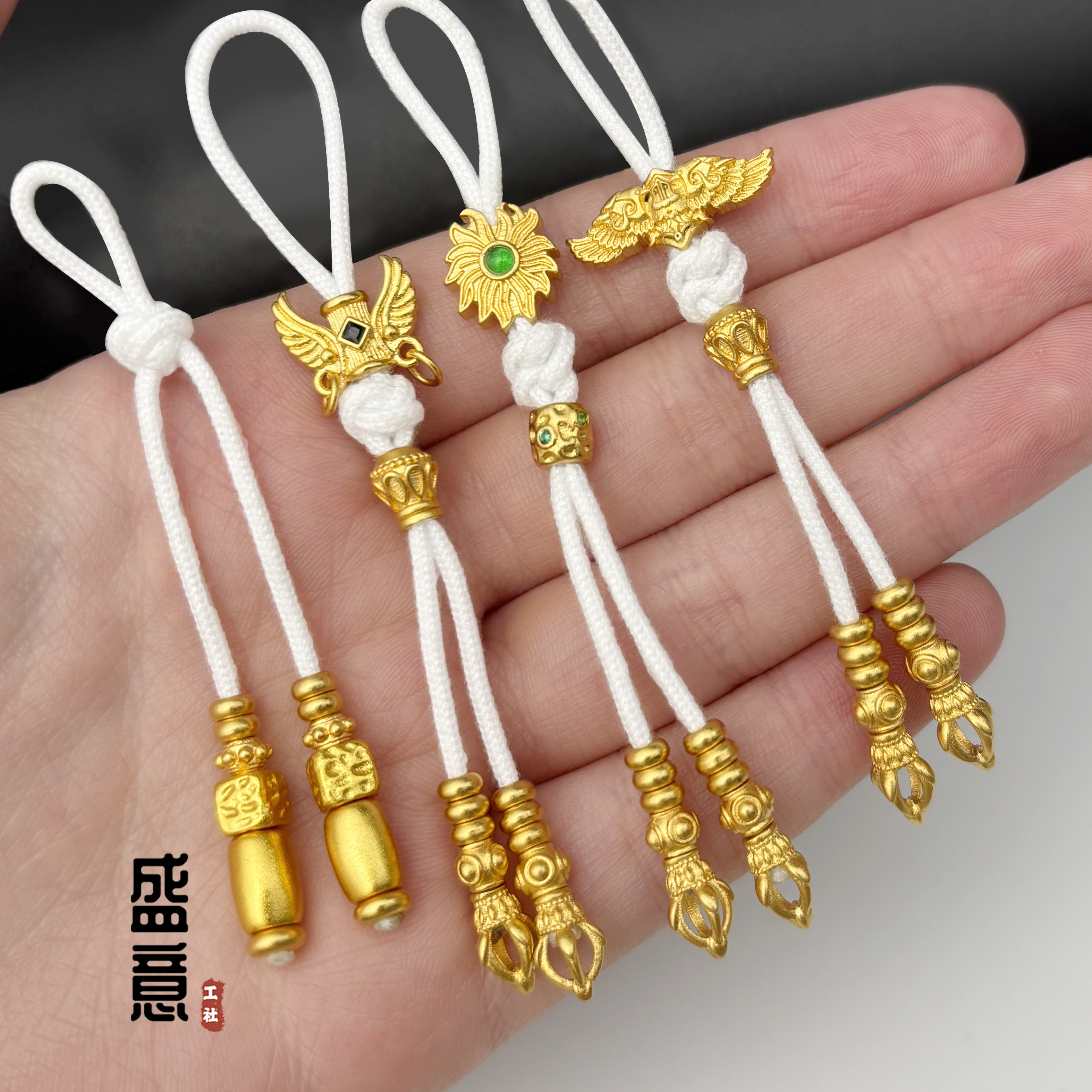 古法24K工艺黄金色镶钻太阳翅膀隔珠弟子珠文玩手串手链diy配饰