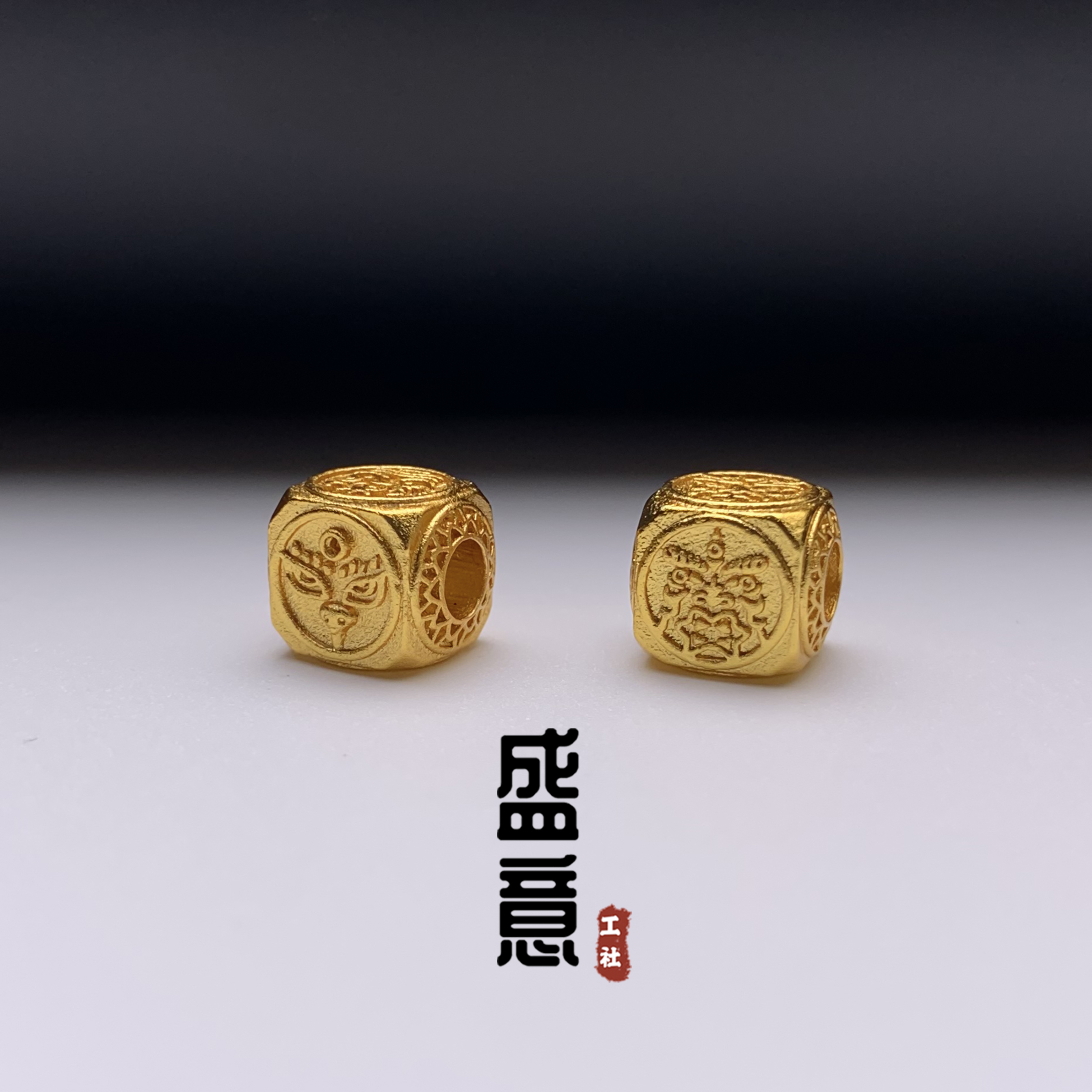 古法24K工艺黄金色四方财神保色隔珠吊坠锁骨项链佛珠手串配饰