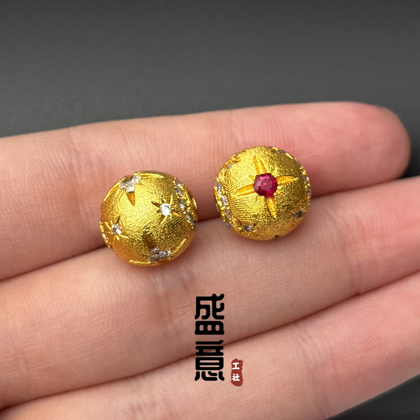 古法24K工艺黄金色镶钻星星圆珠保色隔珠吊坠项链佛珠diy手串配饰