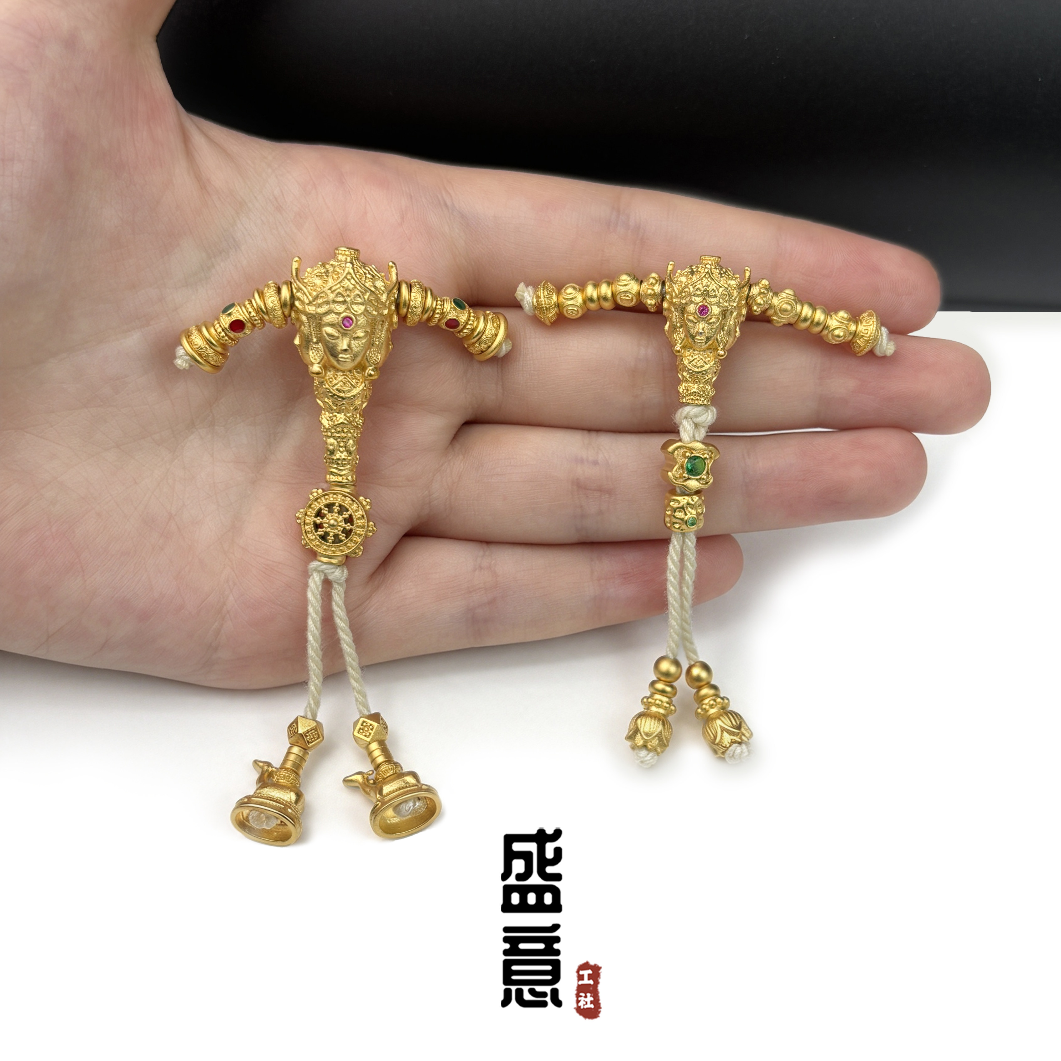 古法24K工艺黄金色四面佛双鹿三通弟子珠套装万向轴手串文玩配饰