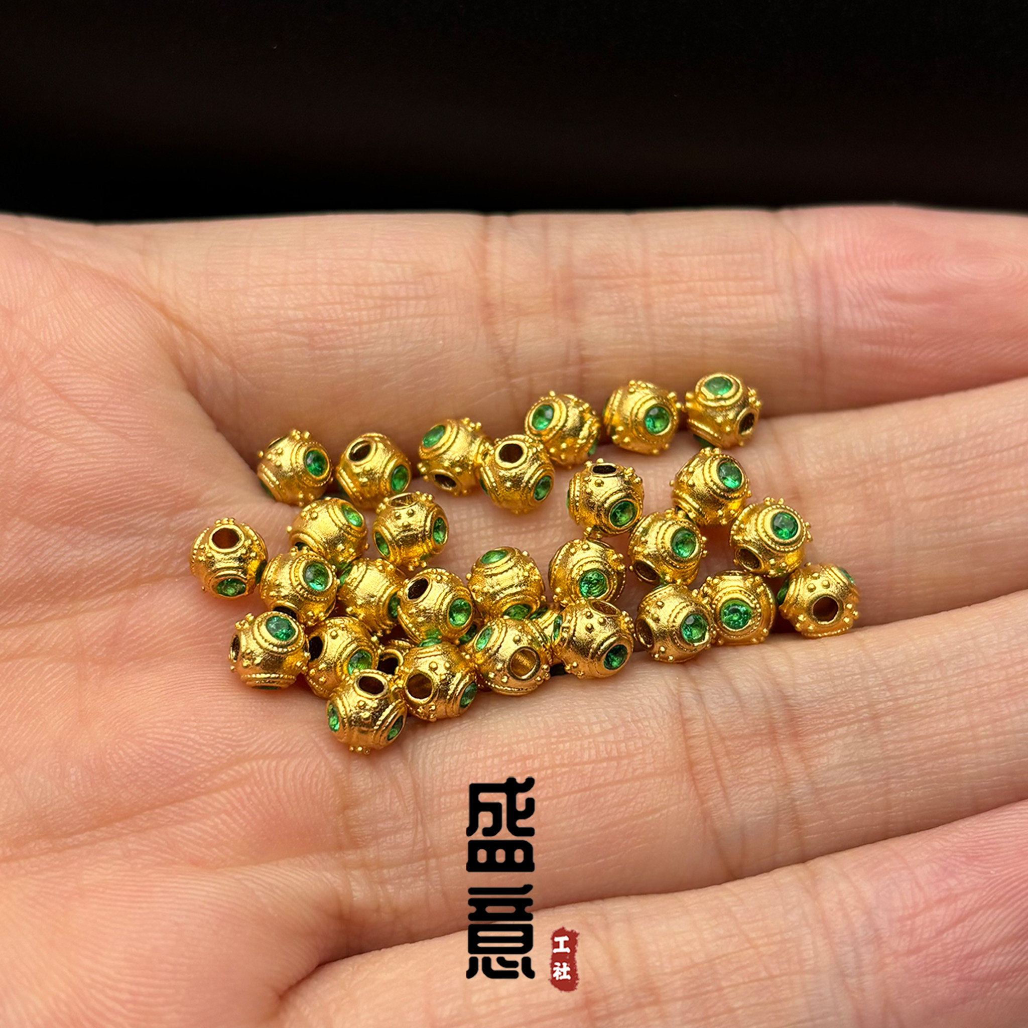 古法24K工艺黄金色三面镶绿钻无相珠背云线束隔珠文玩手串配饰