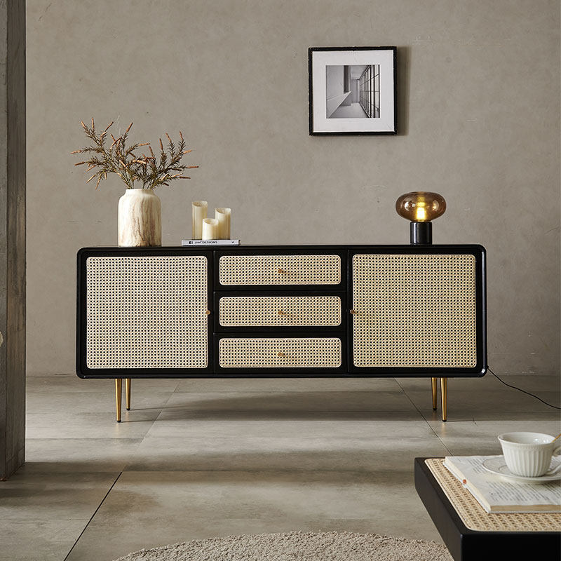 北欧实木三斗现代简约藤编储物柜