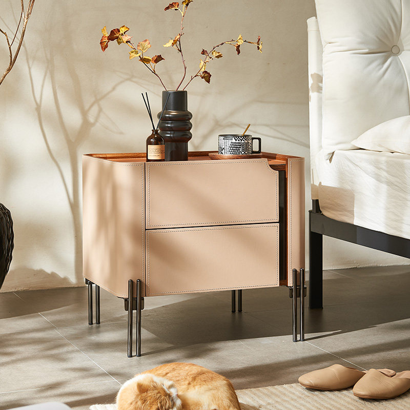 意式极简轻奢马鞍皮床头柜小户型高级感简约设计师款床边柜收纳柜