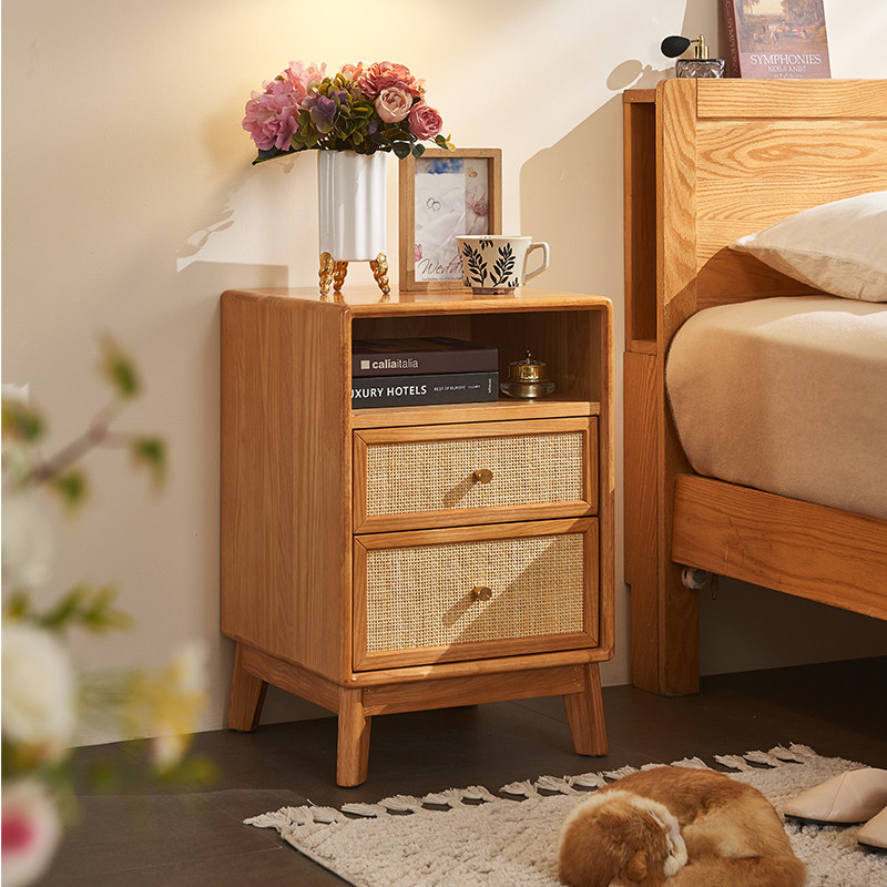 北欧实木床头柜小户型沙发边柜简约藤编边几储物柜角几收纳小柜子