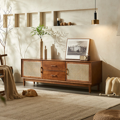 简约民宿创意实木藤编电视柜