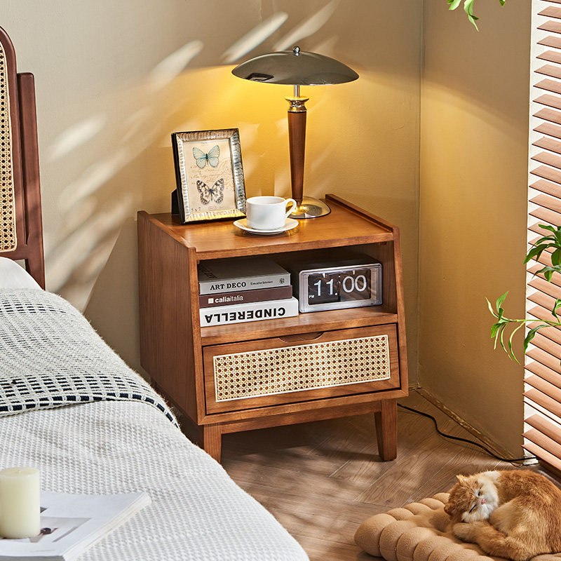 北欧实木床头柜小户型沙发边柜简约藤编边几储物柜角几收纳小柜子