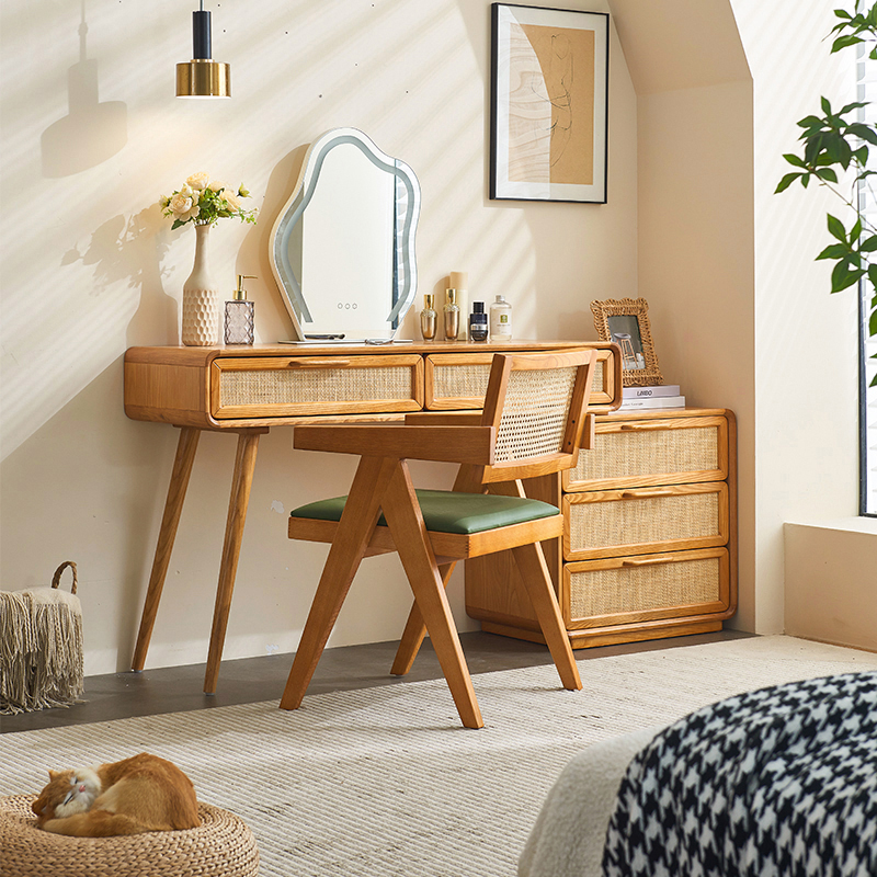 日式实木梳妆台北欧现代简约藤编化妆桌小户型卧室一体收纳柜书桌