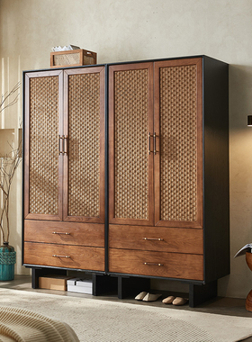 中古风实木藤编衣柜收纳储物柜侘寂风复古橱柜民宿卧室双门衣帽柜