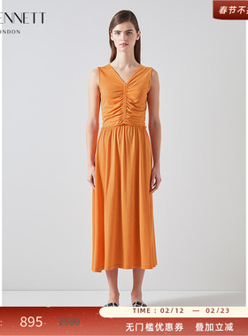 LK BENNETT橙色无袖v领连衣裙女新款褶皱设计感度假风吊带裙
