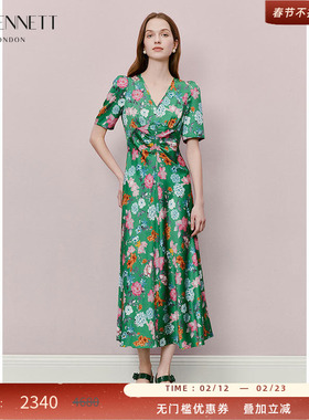 LK BENNETT绿色印花连衣裙2025年夏新款V领收腰法式复古优雅