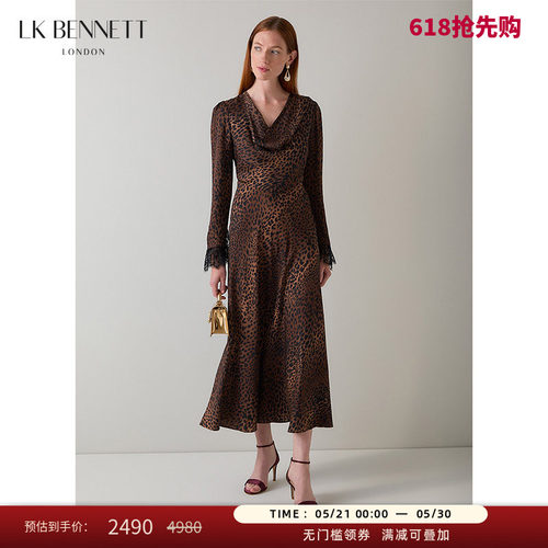 LK BENNETT袖口蕾丝豹纹连衣裙秋新款V型堆领收腰中长款裙
