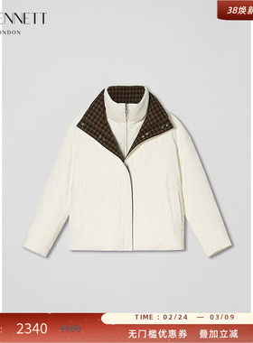 LK BENNETT白色立领羽绒服女2025年冬新款格纹拼接白鹅绒短款外套