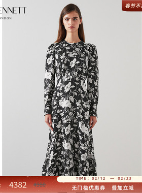 【朱珠同款】LK BENNETT黑色山茶花印花连衣裙桑蚕丝高级感长裙