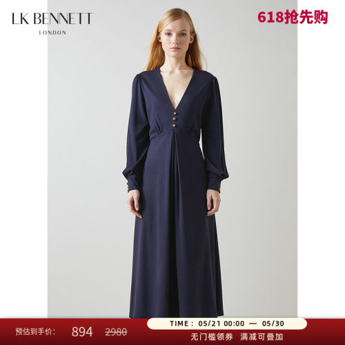 LK BENNETT法式连衣裙女新款春季长袖v领微弹高腰a字中裙气质