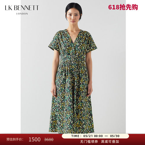LK BENNETT绿色v领碎花短袖连衣裙女夏新款收腰气质中长裙子