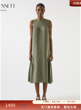 LK BENNETT绿色无袖连衣裙女2025年秋新款休闲圆领宽松压褶长裙
