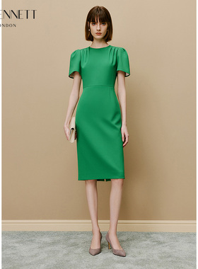 LK BENNETT绿色连衣裙新款褶皱遮肉收腰修身正式场合通勤小礼裙