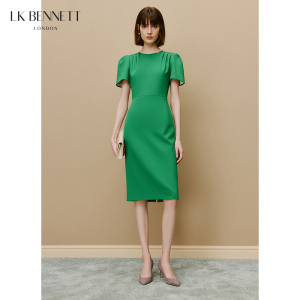 LK BENNETT绿色连衣裙新款褶皱遮肉收腰修身正式场合通勤小礼裙