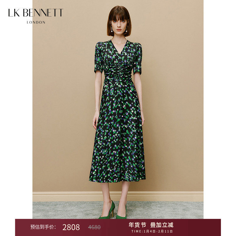 LK BENNETT绿色v领印花连衣裙女新款夏季法式收腰气质连衣裙,女装/女士精品,连衣裙,淘宝优惠券,粉丝福利购,淘宝优惠卷