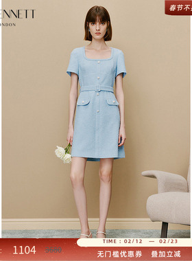 LK BENNETT蓝色连衣裙小香风新款法式气质腰带连衣裙