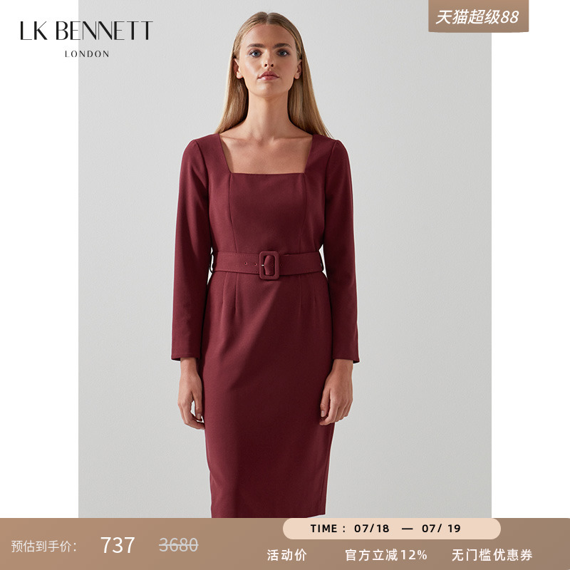 【限时低折】lkbennett气质酒红长袖连衣裙女秋方领收腰修身职场