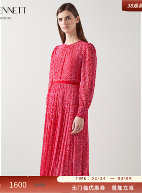 LK BENNETT红色爱心印花连衣裙女新款春季长袖薄纱百褶裙长裙