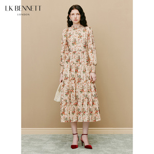LK BENNETT米色印花连衣裙女新款法式花边领长袖真丝连衣裙