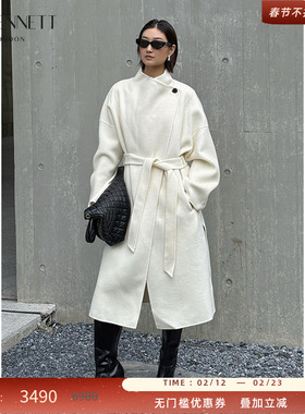 LK BENNETT白色羊毛大衣女2025年冬季新款收腰系带气质毛呢外套