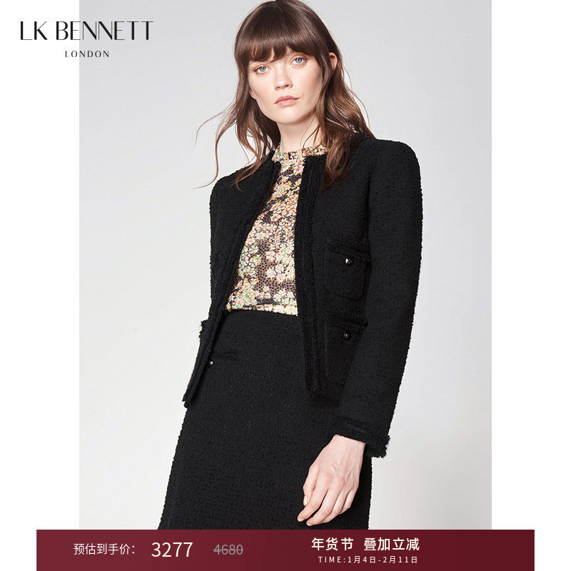 LK BENNETT黑色小香风外套女秋冬高级感粗花呢西装短款修身